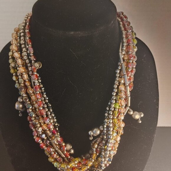 Retro Multi-Strand Denim Multicolor & Silver Tone tube Glass Beads Necklace Boho - Picture 3 of 7